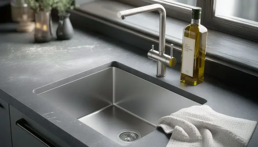Un évier inox rayé, prêt à être nettoyé. Une bouteille d'huile d'olive et un torchon à proximité.