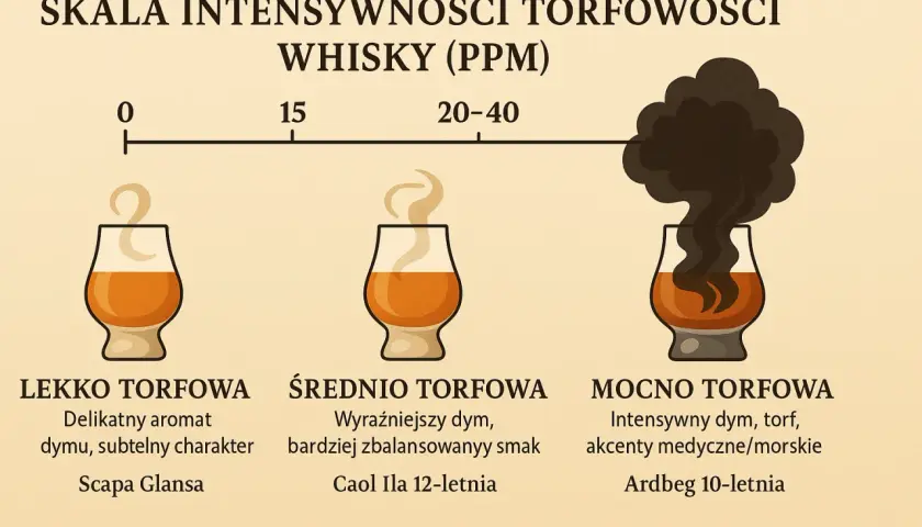 Skala torfowości whisky: lekko, średnio i mocno torfowa. Fenol i suszenie torfem to przyczyny dymnego posmaku.