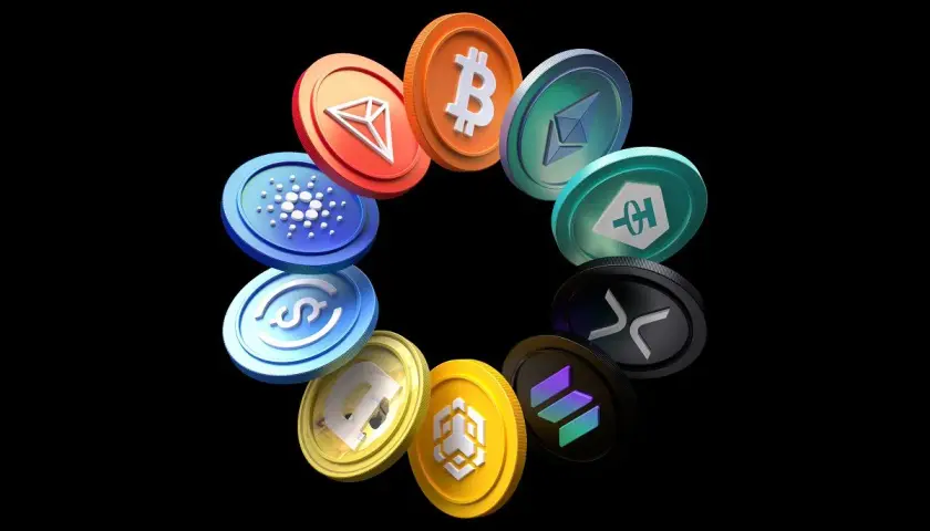 Krąg monet kryptowalutowych, w tym Bitcoin, Ethereum i inne. Niektóre z nich mogą symbolizować ujemne saldo, gdy rynek spada.