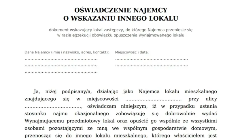Oświadczenie o przyjęciu najemcy do innego lokalu w razie egzekucji. Dokument zawiera dane najemcy i miejsce na podpis.
