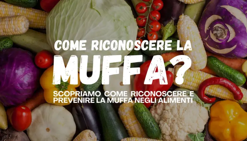 Verdure fresche e colorate, tra cui cavoli, mais e peperoni, circondano il testo "Come riconoscere la muffa?". Evita le patate pelose e altri alimenti ammuffiti.