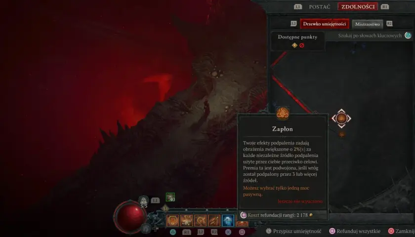 Diablo 2 czarodziejka build: drzewko umiejętności z pasywną mocą "Zapłon" zwiększającą obrażenia od podpalenia.