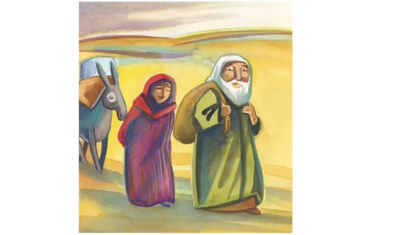 Abraham und Sara ziehen mit einem Esel durch eine karge Landschaft.