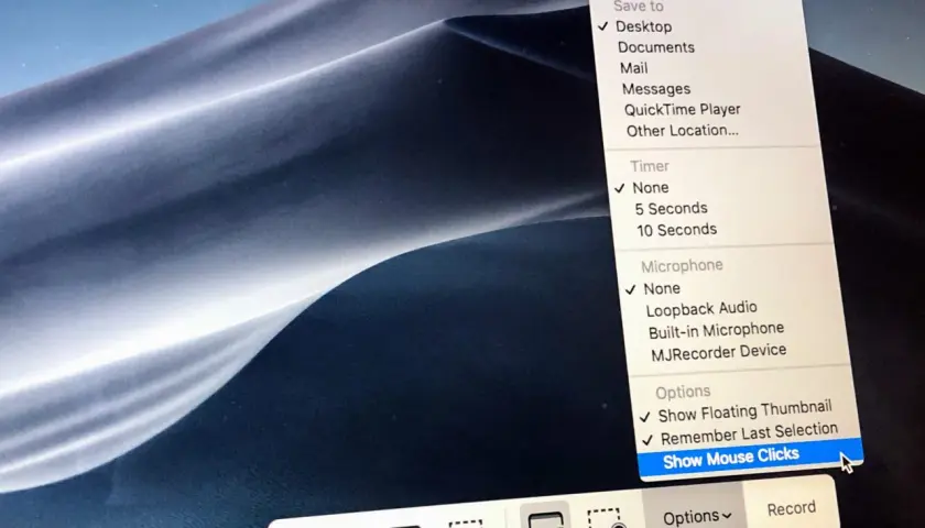 Print screen skrót: menu opcji nagrywania ekranu z zaznaczoną opcją "Show Mouse Clicks".