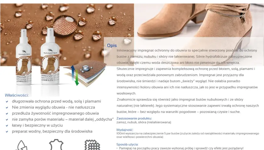 Impregnacja zamszu Nanotex chroni buty przed wodą, solą i plamami, zachowując ich wygląd i "oddychanie".