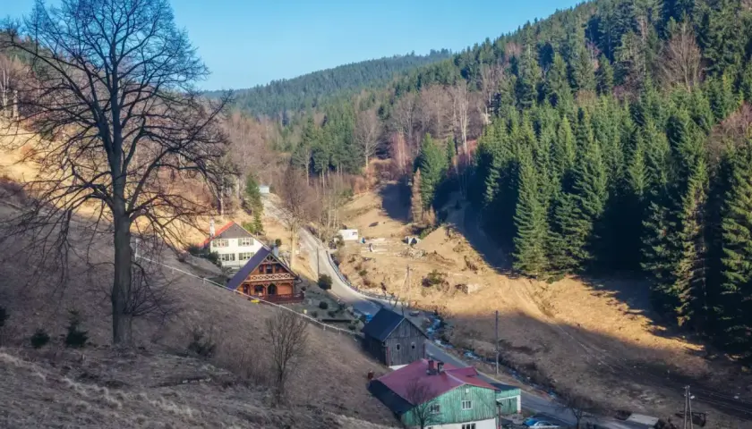 Domy w górach Sowich, otoczone lasem i wzniesieniami.