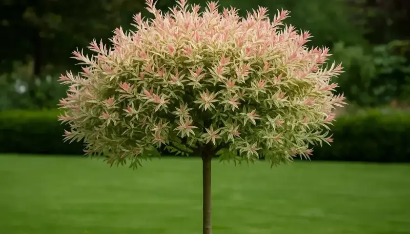 Wierzba hakuro, kiedy sadzić? Piękna, kulista wierzba z różowymi pąkami na tle zielonego ogrodu.