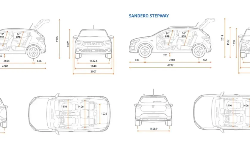 Schemat Dacia Sandero i Sandero Stepway z wymiarami. Dacia Sandero Stepway ma większy prześwit, co widać na schemacie.