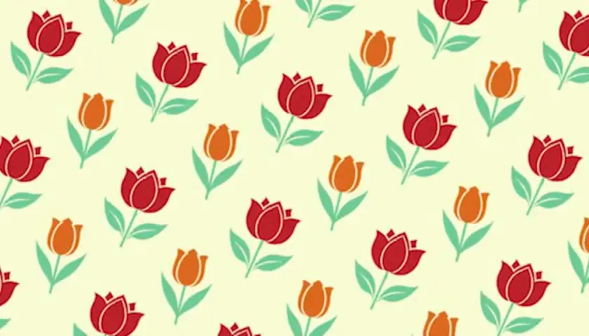 Motifs Photoshop de tulipes rouges et orange sur fond crème, créant un motif répétitif joyeux.