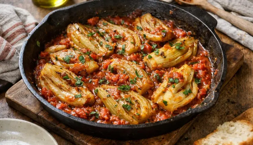 Poêlée de fenouil braisé dans une sauce tomate épicée, garnie de persil frais. Une délicieuse recette fenouil à partager.