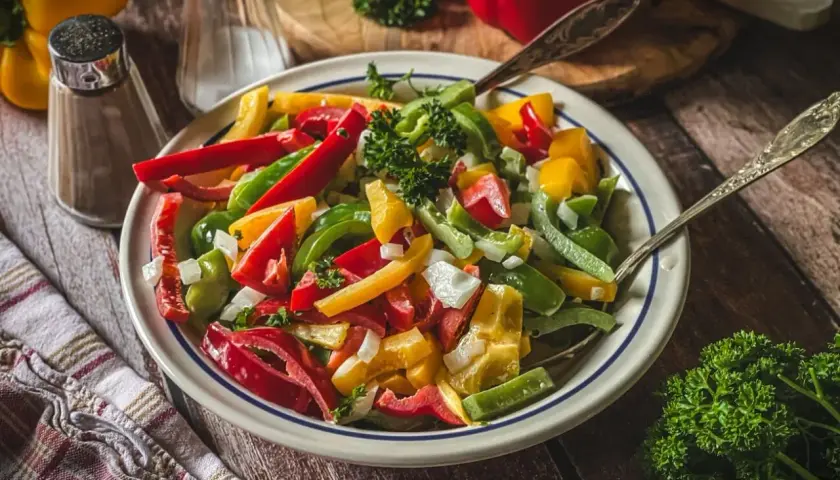 Bunter Salat mit Paprika, Zwiebeln und Petersilie, serviert auf einem rustikalen Holztisch.