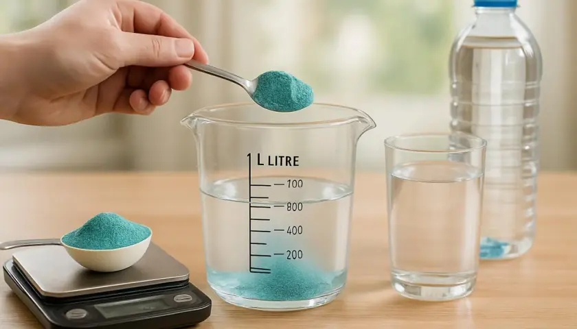 Préparation de la bouillie bordelaise : une main verse une cuillère de poudre bleue dans un bécher gradué contenant de l'eau. Une balance est à côté.