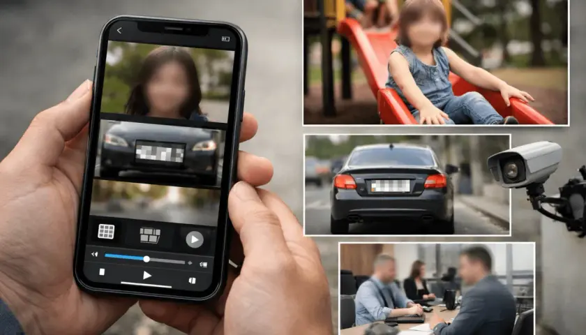 Überwachungsvideos auf dem iPhone: Gesichter und Kennzeichen sind verpixelt. Eine Überwachungskamera filmt ein Auto.