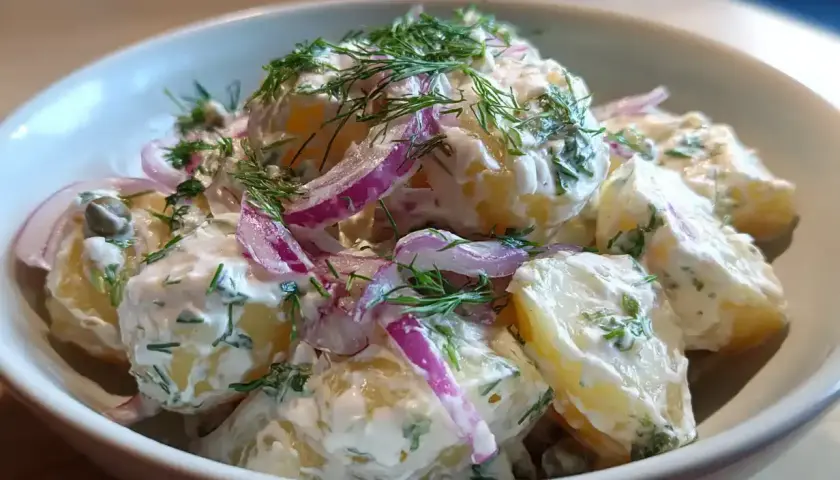 Enkel potatissallad med krämig dressing, rödlök och dill. En klassiker som passar till det mesta.