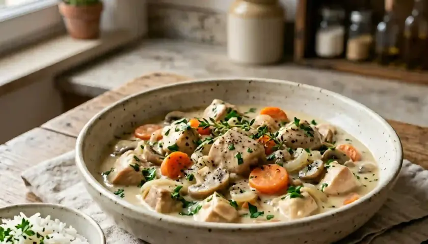 Un réconfortant blanquette de poulet crémeuse avec des champignons, des carottes et des herbes fraîches, servi dans un bol rustique.