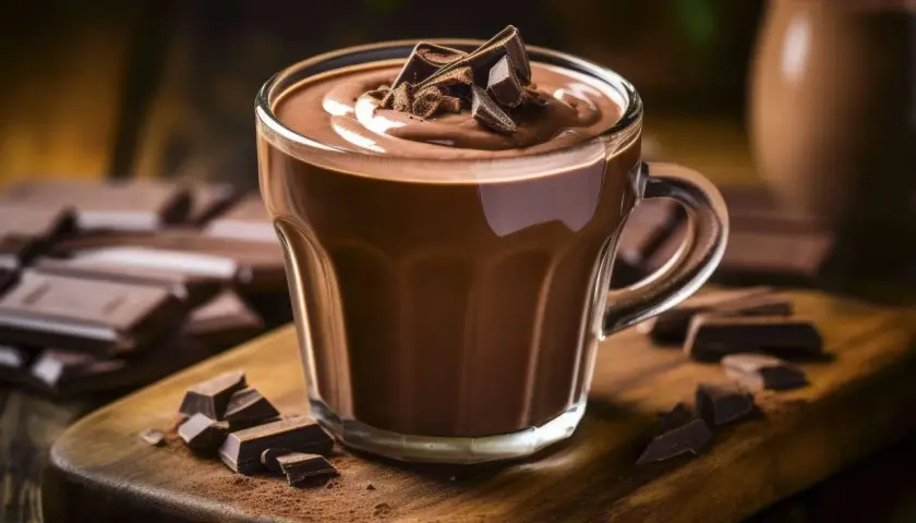 Ein Glas cremiger cioccolata calda, garniert mit Schokoladenstückchen, auf einem Holzbrett mit Kakaopulver und Schokoladenriegeln.