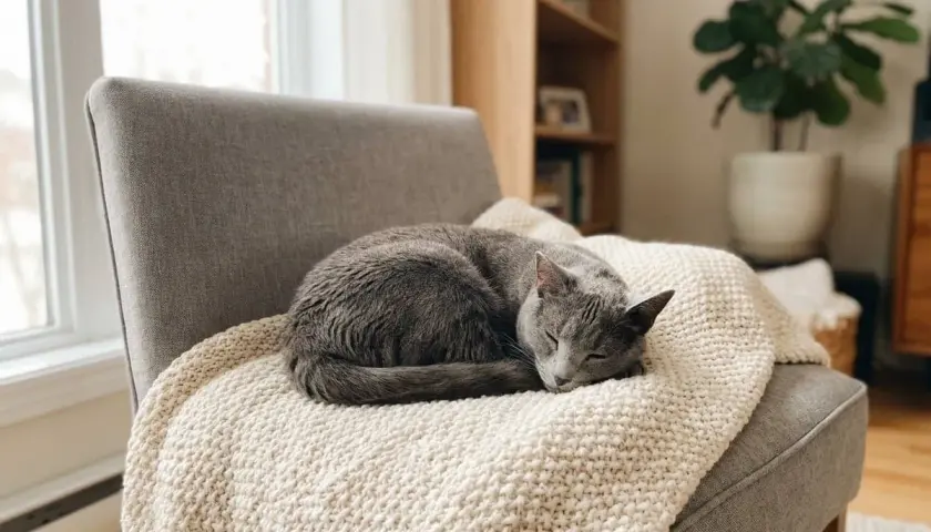 Gato gris durmiendo plácidamente sobre una manta, soñando quizás con un poco de valeriana para gatos.