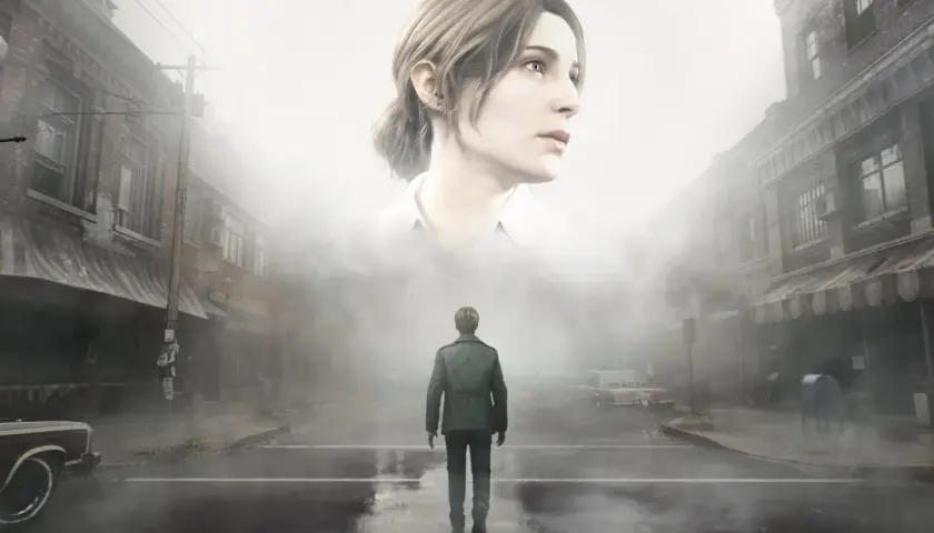James Sunderland stoi na mglistej ulicy, patrząc na gigantyczną twarz Marii. To kluczowy moment z gry, który może pomóc w rozwiązaniu zagadek w Silent Hill 2 poradnik.