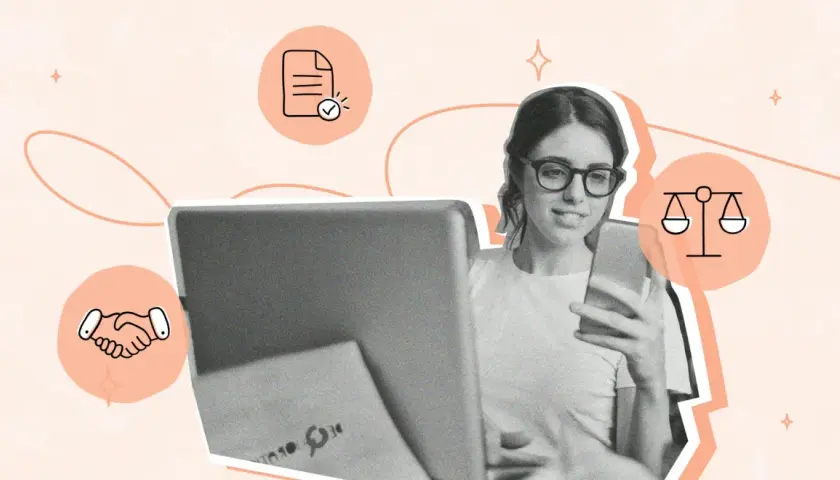 Mujer revisa un documento en su teléfono, con iconos de apretón de manos, balanza y documento, ilustrando qué es un pre contrato.