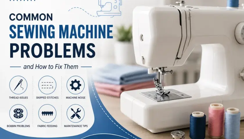 Common sewing machine problems like thread issues, skipped stitches, and bobbin problems are illustrated next to a white sewing machine.