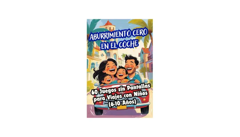 Familia feliz en coche, disfrutando de juegos para el coche niños sin pantallas. ¡Adiós al aburrimiento en viajes!
