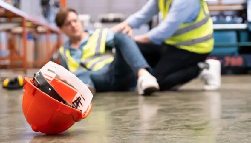 Un lavoratore a terra, un collega preoccupato, un elmetto arancione caduto. Un chiaro segnale di infortunio sul lavoro.