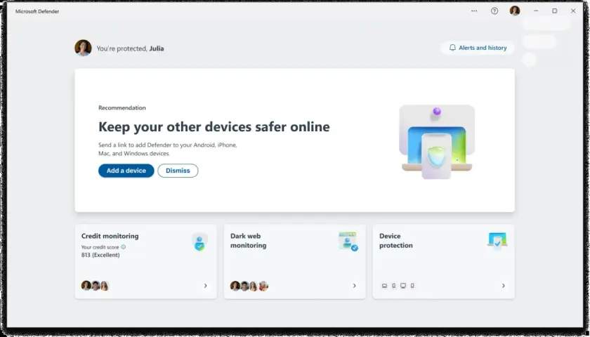 Interface de Microsoft Defender pour edr windows, avec une recommandation pour sécuriser d'autres appareils et des options de surveillance.