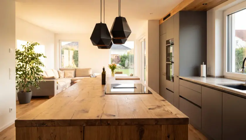 Geräumige Küche mit rustikaler Holzinsel, modernen grauen Schränken und gemütlichem Wohnbereich. Ein schöner industrial landhaus mix.