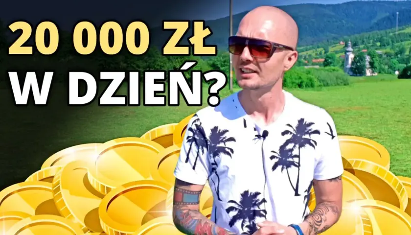 Chcesz wiedzieć, jak zarobić 20000 w jeden dzień? Mężczyzna w okularach i koszulce z palmami wyjaśnia, jak osiągnąć sukces finansowy.
