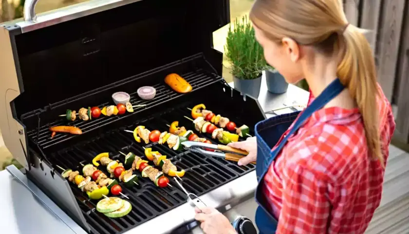 Kvinna grillar spett med kött och grönsaker, som gyros kebab.