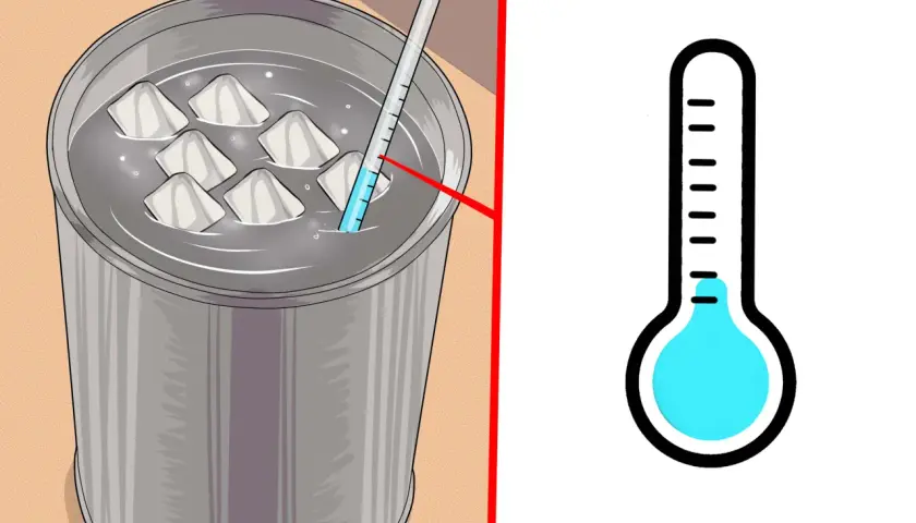 Termómetro mide la temperatura del agua con cubitos de hielo. Se busca la humedad especifica para un experimento.