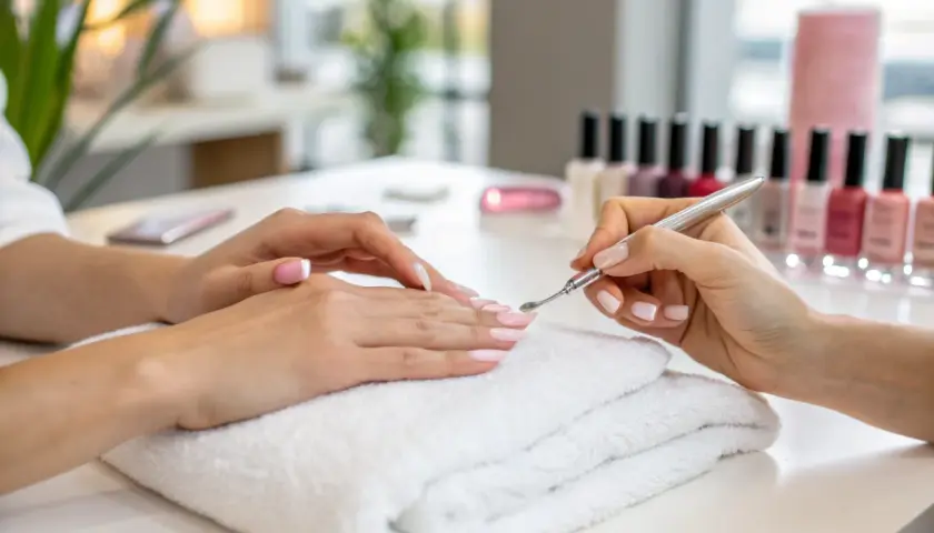 Delikatny manicure hybrydowy w pastelowych kolorach. Dłonie klientki spoczywają na białym ręczniku, podczas gdy stylistka precyzyjnie pracuje nad paznokciami.