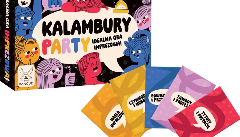 Gra "Kalambury Party" z hasłami do kalambur śmieszne. Idealna na imprezy, dla graczy od 16 lat. W zestawie karty z kategoriami: hasła imprezowe, czynności i hobby, zwierzęta i przyroda, zawody i profesje, tytuły i postacie.