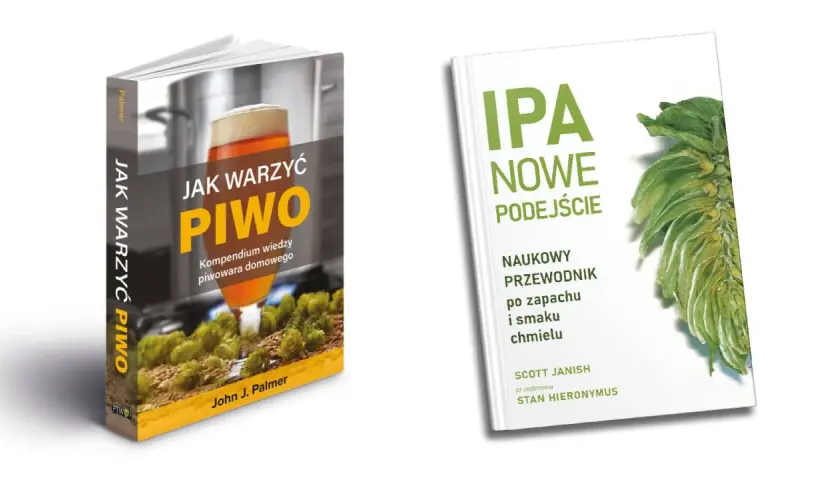 Dwie książki o warzeniu piwa: "Jak warzyć piwo" z kieliszkiem piwa i chmielem oraz "IPA nowe podejście" z chmielem.