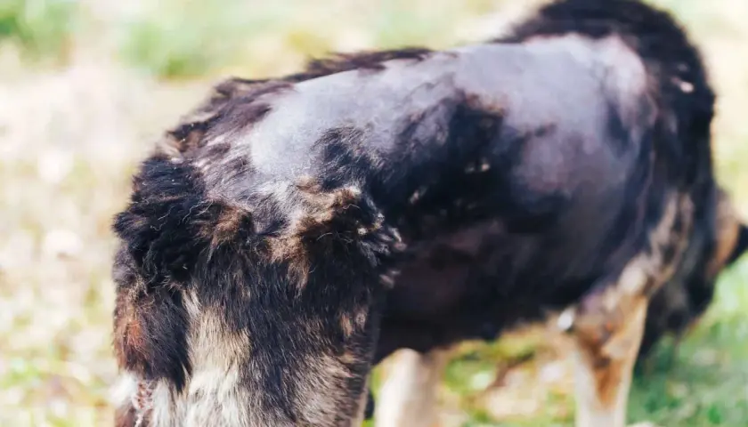 El lomo de un perro muestra calvas y pérdida de pelo, con parches de piel visible.