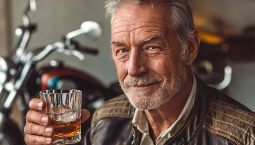 Ein Mann mit grauem Haar und Bart hält ein Glas Bourbon. Im Hintergrund ist ein Motorrad zu sehen.
