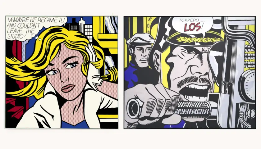 Deux œuvres de Roy Lichtenstein : une femme blonde inquiète et un soldat criant "TORPEDO... LOS!".