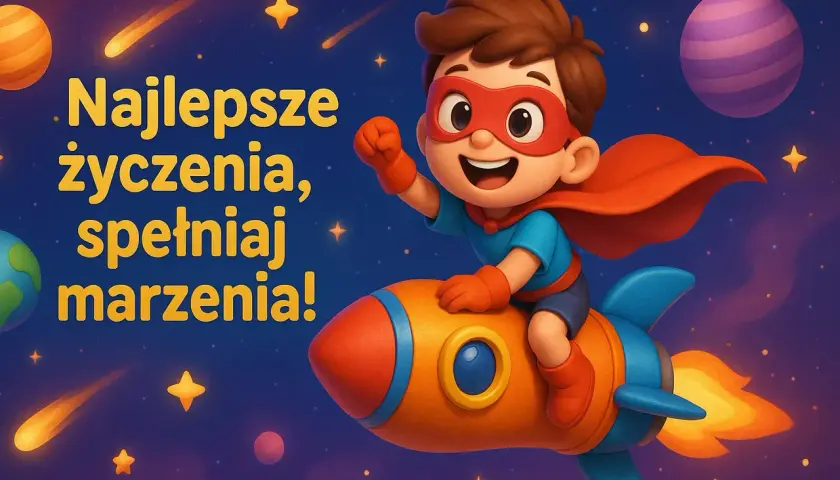 Superbohater na rakiecie leci przez kosmos, niosąc najlepsze życzenia urodzinowe dla chłopca. Niech spełnia marzenia!