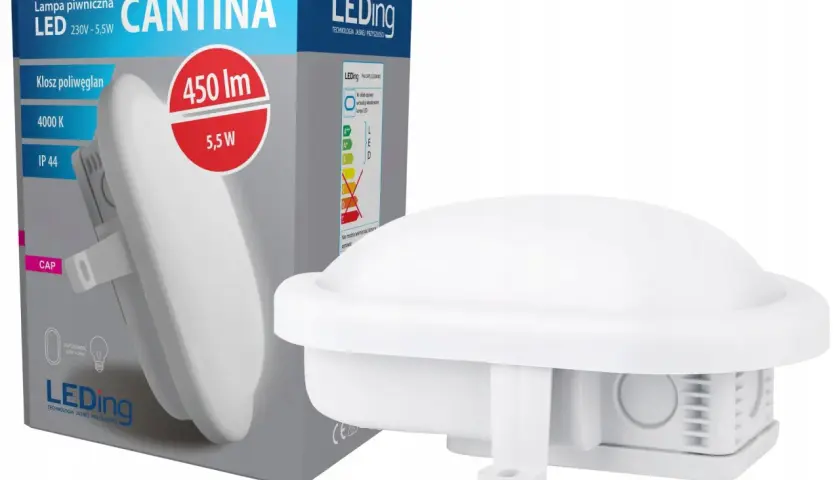 Biała lampa piwniczna LED "CANTINA" o mocy 5,5W, 450 lm, 4000K, IP44. Idealna do piwnicy bez prądu, zapewniająca jasne światło.