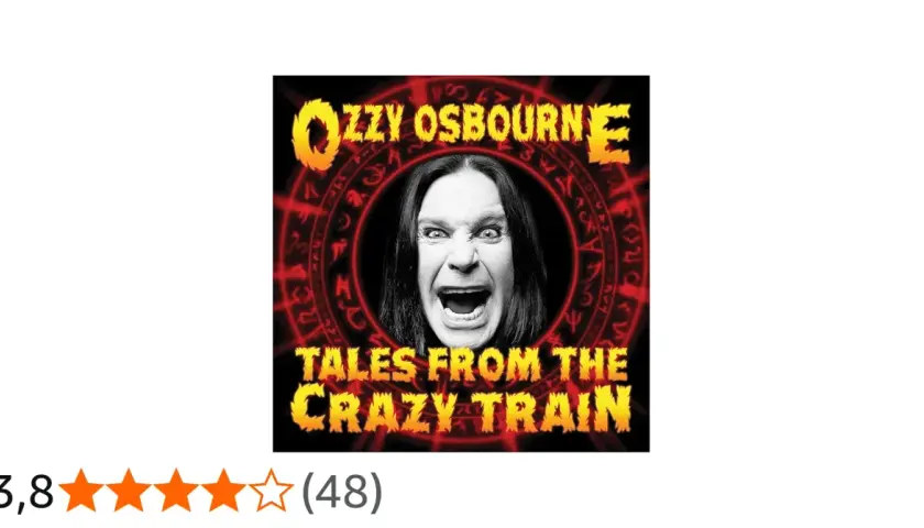 Ozzy Osbourne z otwartymi ustami na tle czerwonego okręgu z symbolami i napisem "Tales from the Crazy Train".