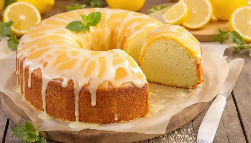 Un délicieux cake au citron, nappé d'un glaçage blanc et jaune, décoré de menthe fraîche. Des citrons entiers et coupés entourent ce gâteau savoureux.