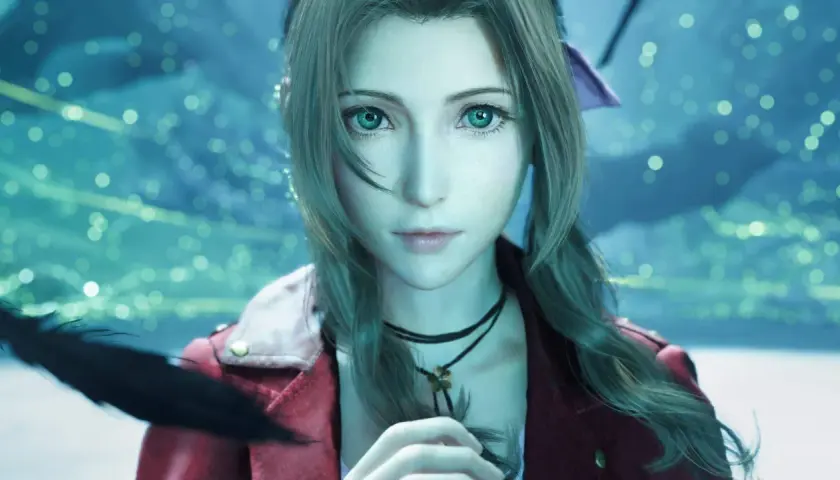 Aerith z Final Fantasy VII Rebirth z zielonymi oczami i w czerwonej kurtce, w tle migoczące światła.