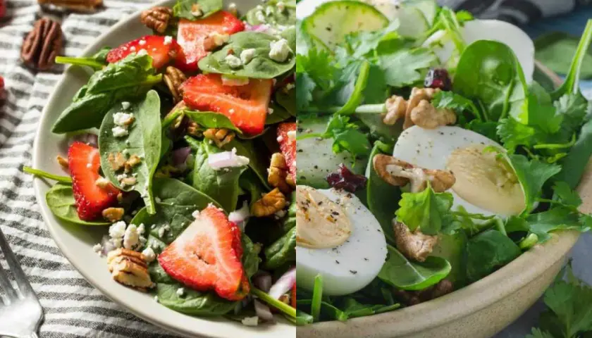 Dos ensaladas de espinacas: una con fresas, nueces y queso feta; la otra con huevo duro, pepino y cilantro.
