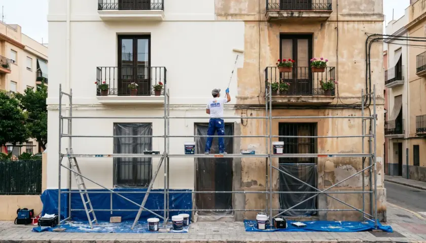 Un pintor en andamios renueva la fachada de un edificio, listo para pintar casa exterior.