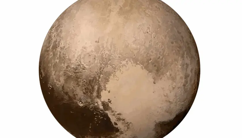 Pluton, co to jest planeta? Ta skalista planeta karłowata ma brązowo-beżową powierzchnię z widocznymi kraterami i jaśniejszymi obszarami.