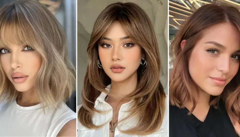 Tres mujeres con estilos de corte de pelo que favorecen la cara ovalada. Cortes modernos y favorecedores.
