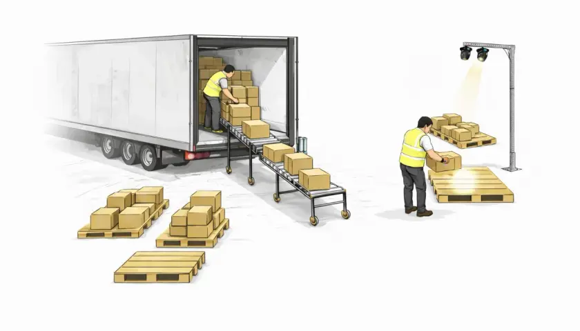 Lagerarbeiter beladen einen LKW per Förderband. Ein weiterer Mitarbeiter sortiert Pakete für den multi order picking Prozess.