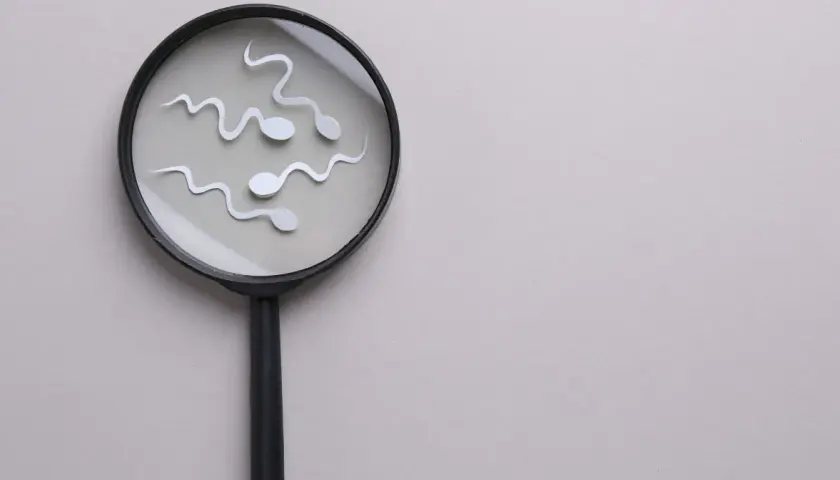 Spermy pod lupą. Wyglądają jak małe, białe kształty, które mogą symbolizować preejakulat lub plemniki.