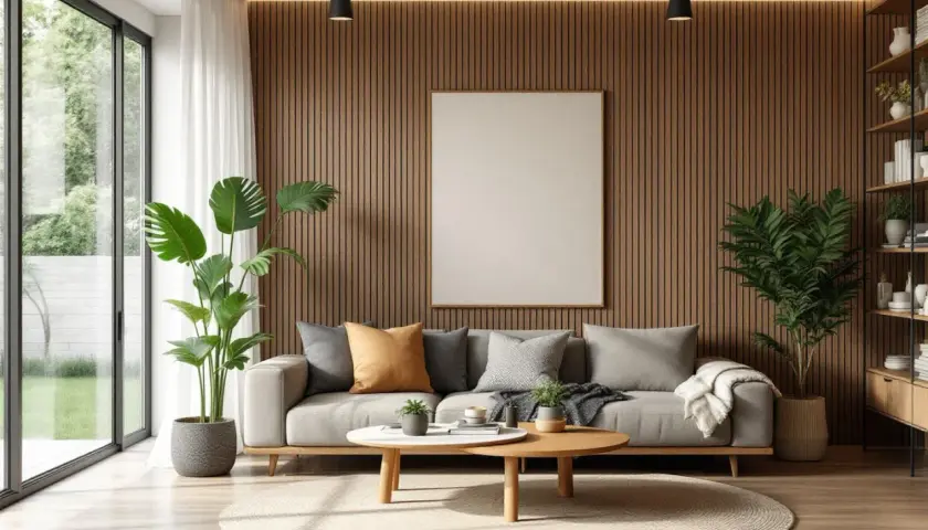 Ett vardagsrum med en bekväm soffa, kaffebord och växter. En tom tavla på väggen inbjuder till personlig touch, perfekt för att skapa **hygge danska** stämning.