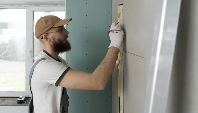 Operaio con livella e matita segna il muro per insonorizzare una stanza dai rumori esterni. Lavori di ristrutturazione in corso.